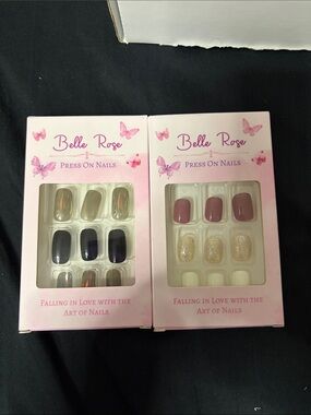 🔮 $5 add on. Bellerose Press-On Nail Sets - Mauve, Black, Gold & Cream Accents
